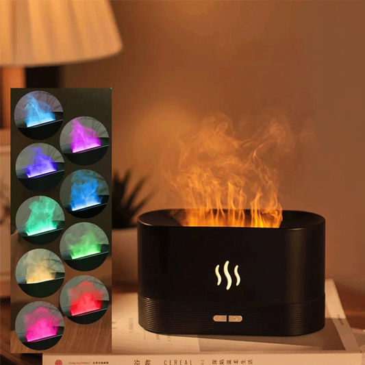 Difusor de Aroma con Efecto Llama – 180ml, Luz RGB 9 Colores, Silencioso